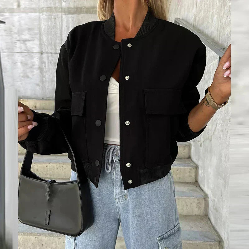 Women's Bomber Jacket Short Flap Pockets Snap Button Urban