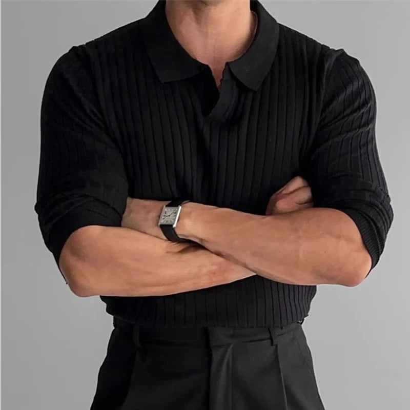 Mens Long Sleeve V Neck Polo Ribbed