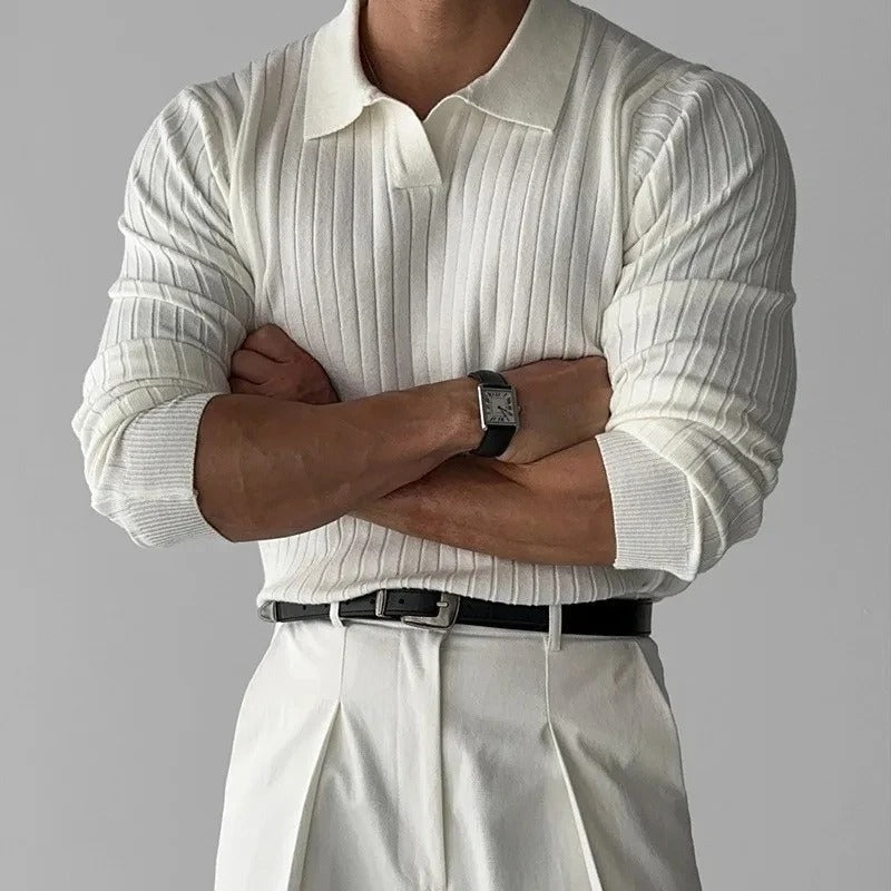 Mens Long Sleeve V Neck Polo Ribbed