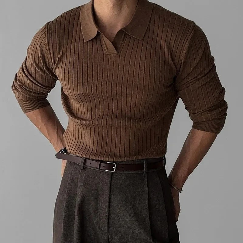 Mens Long Sleeve V Neck Polo Ribbed