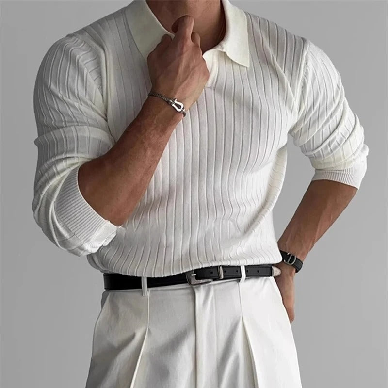 Mens Long Sleeve V Neck Polo Ribbed
