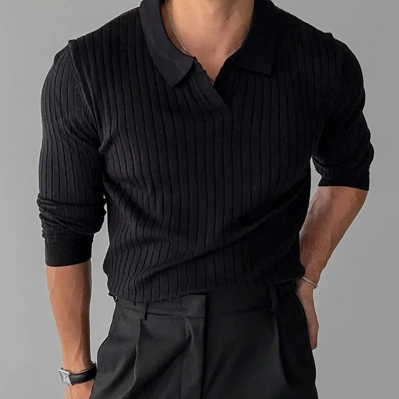 Mens Long Sleeve V Neck Polo Ribbed