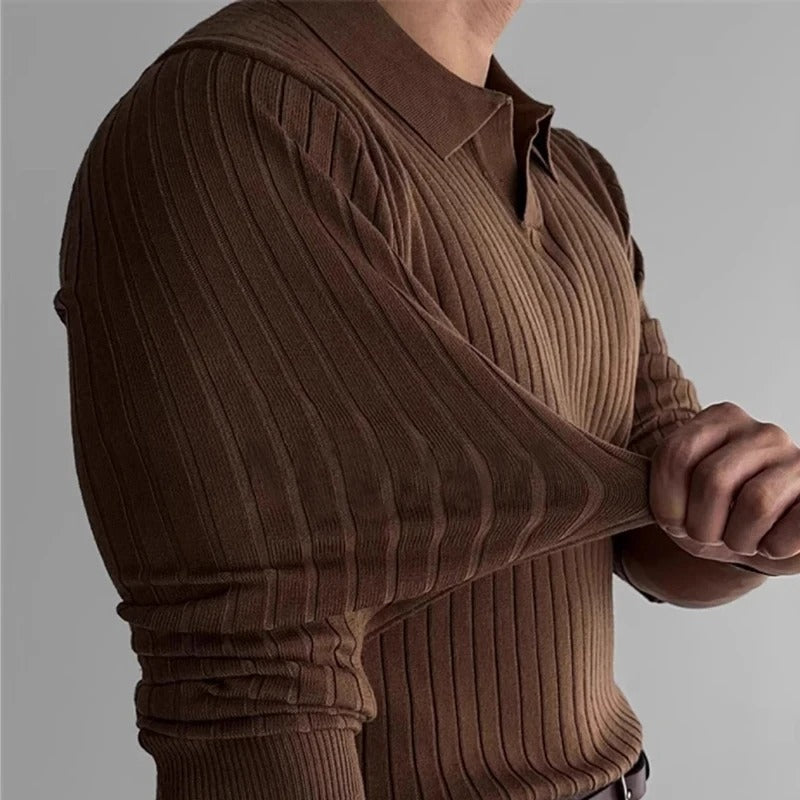 Mens Long Sleeve V Neck Polo Ribbed