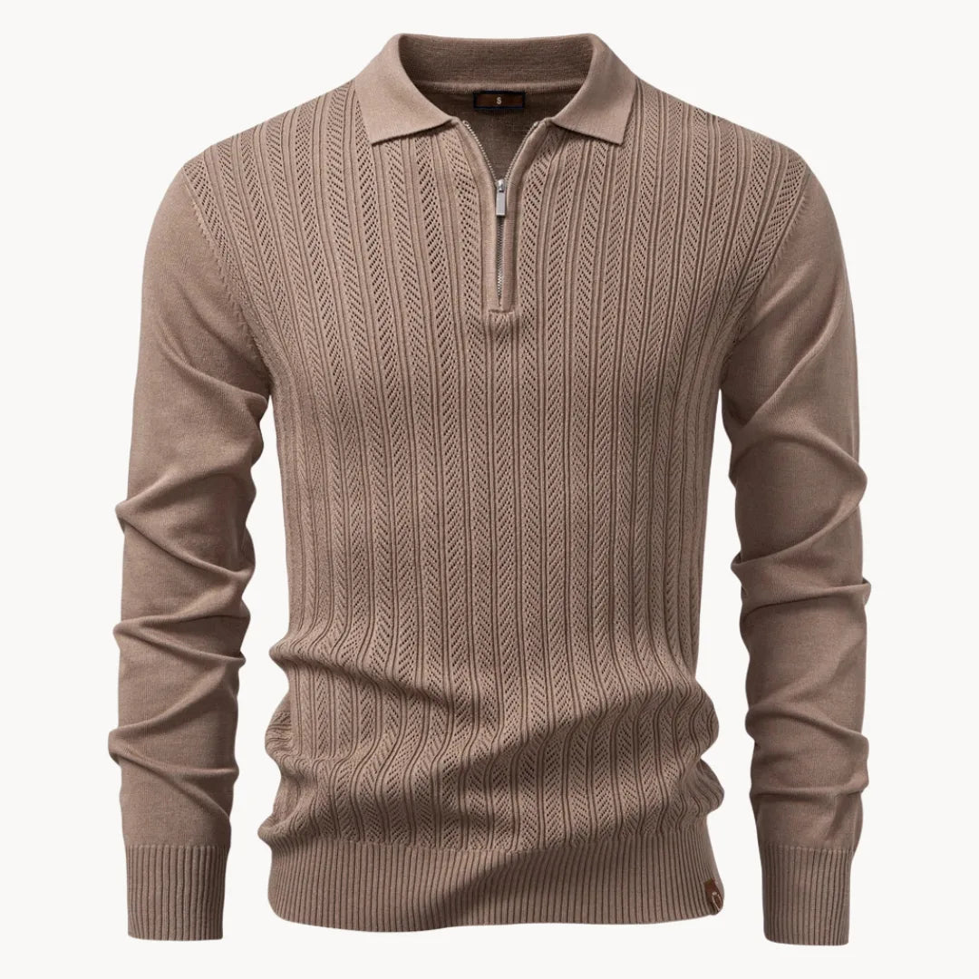 Mens Ribbed Knit Long Sleeve Zip Polo
