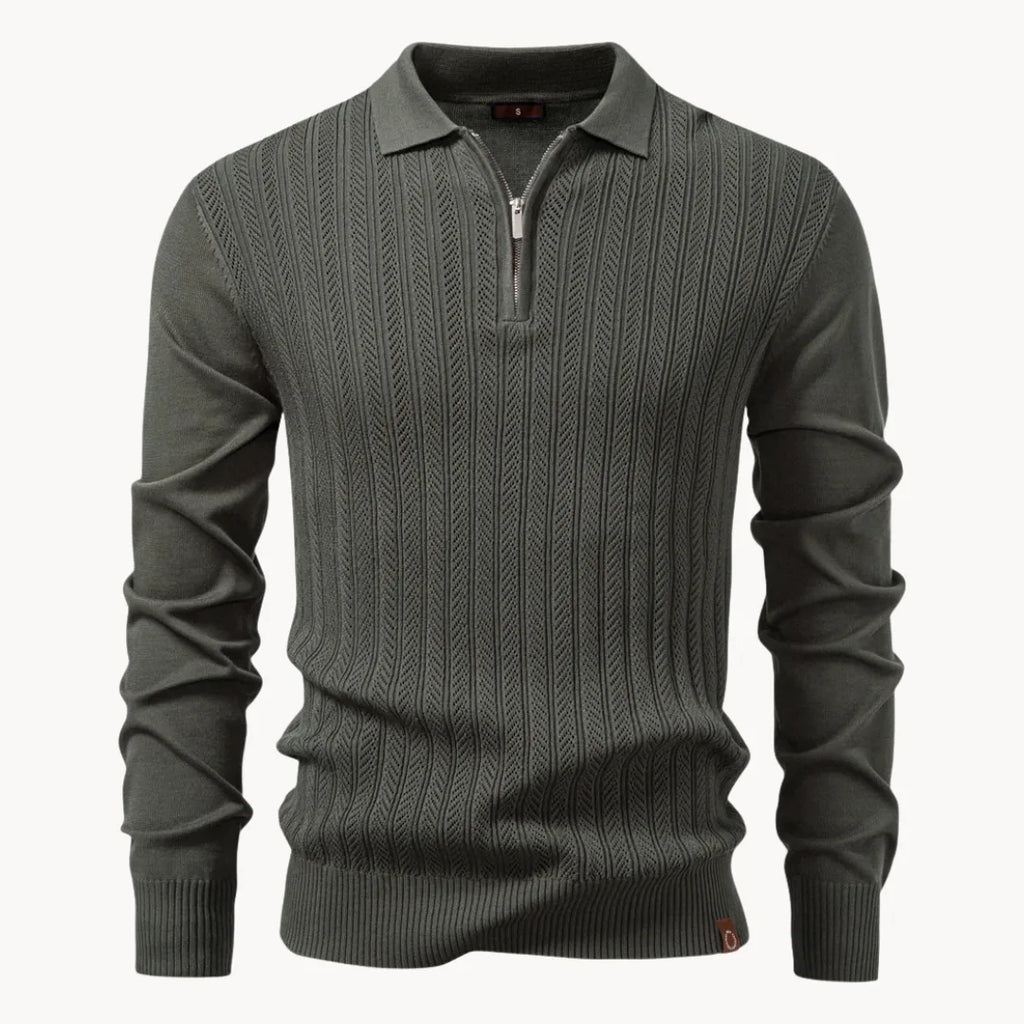 Mens Ribbed Knit Long Sleeve Zip Polo