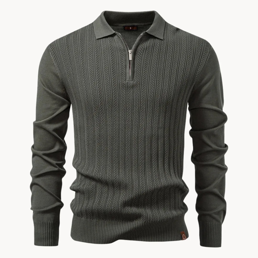 Mens Ribbed Knit Long Sleeve Zip Polo