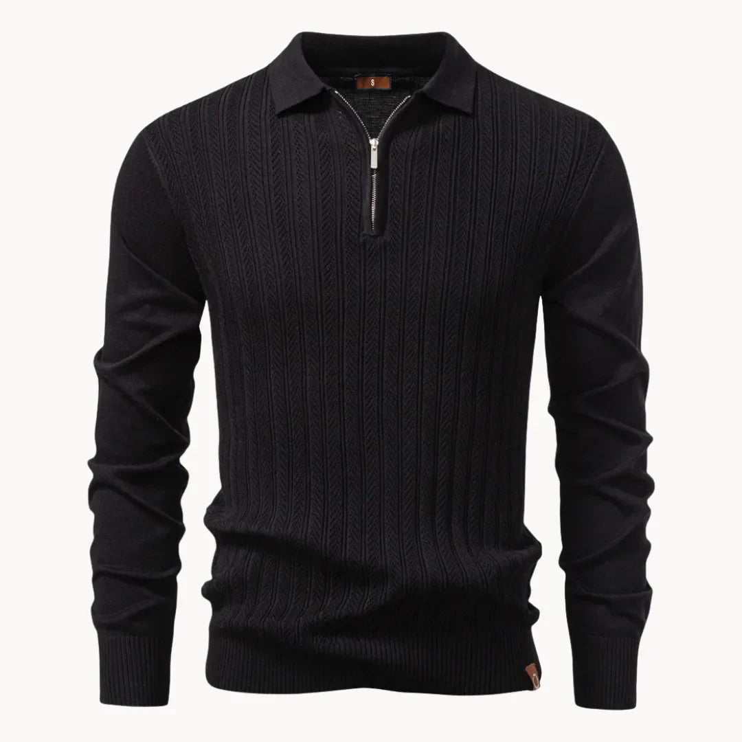 Mens Ribbed Knit Long Sleeve Zip Polo