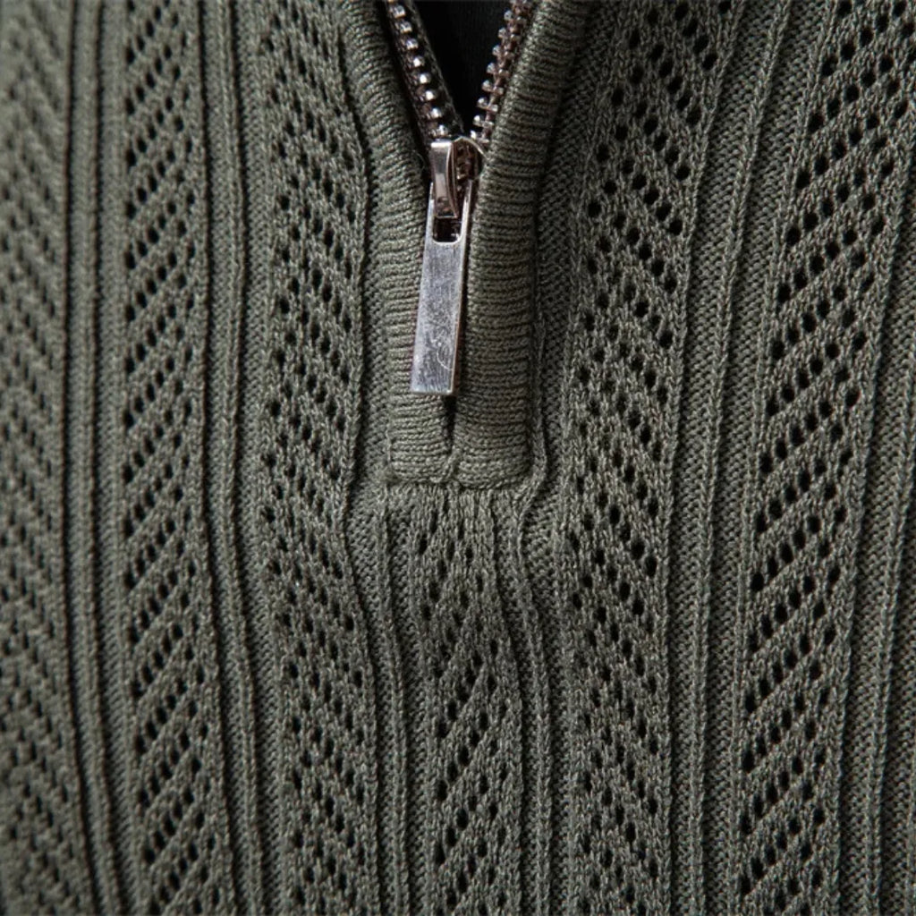 Mens Ribbed Knit Long Sleeve Zip Polo