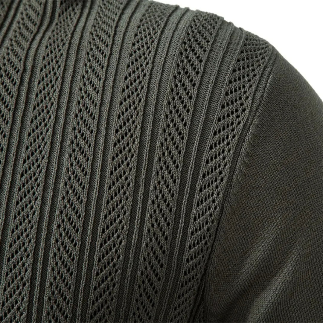 Mens Ribbed Knit Long Sleeve Zip Polo