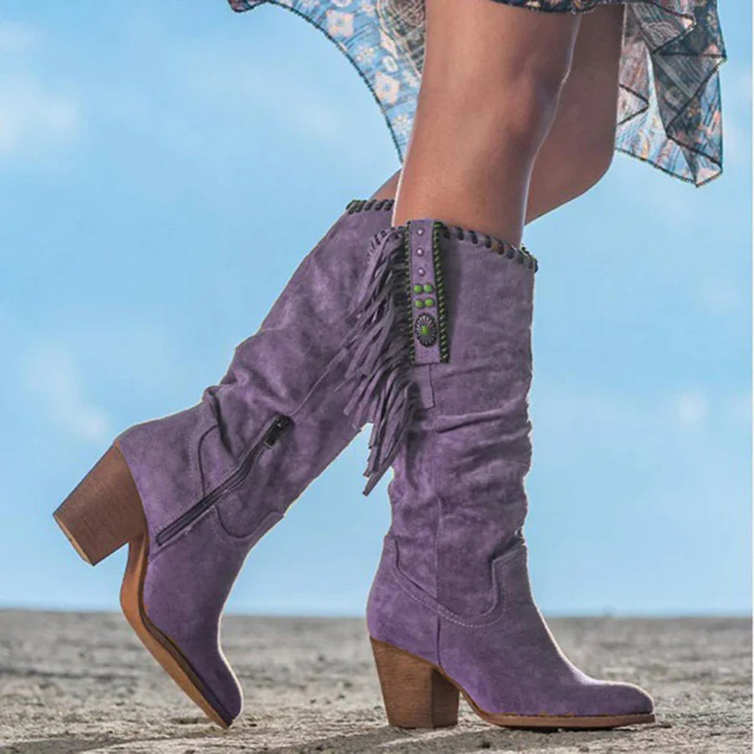 Cowboy Boots Block Heel Western Round Toe Vintage