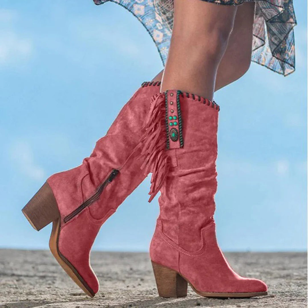 Cowboy Boots Block Heel Western Round Toe Vintage