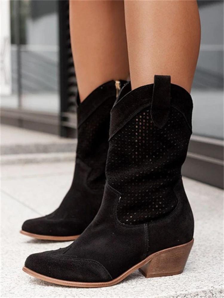 Leather Western Cowboy Boots Block Heel Round Toe