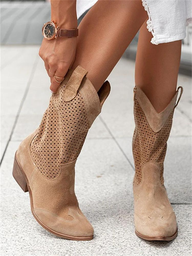 Leather Western Cowboy Boots Block Heel Round Toe