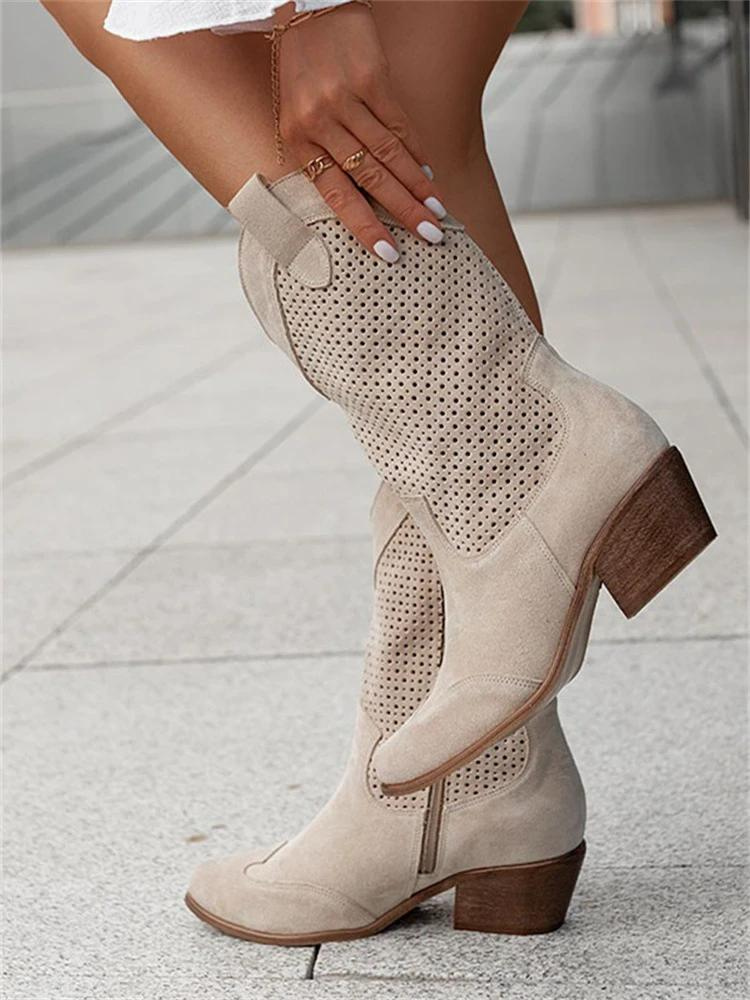 Leather Western Cowboy Boots Block Heel Round Toe