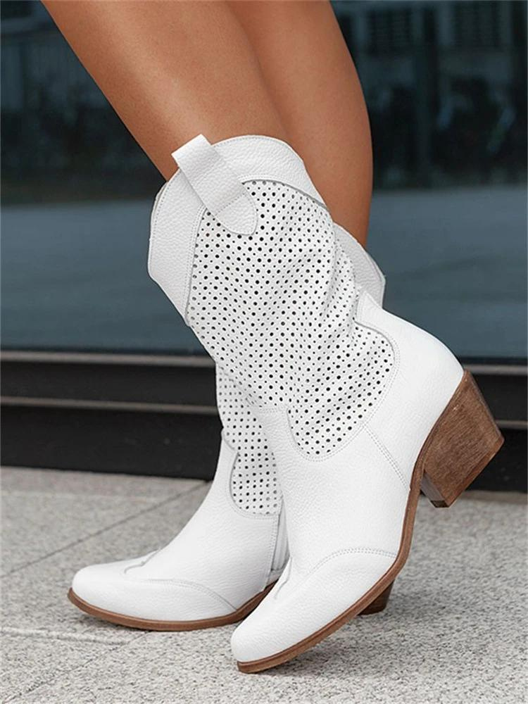 Leather Western Cowboy Boots Block Heel Round Toe