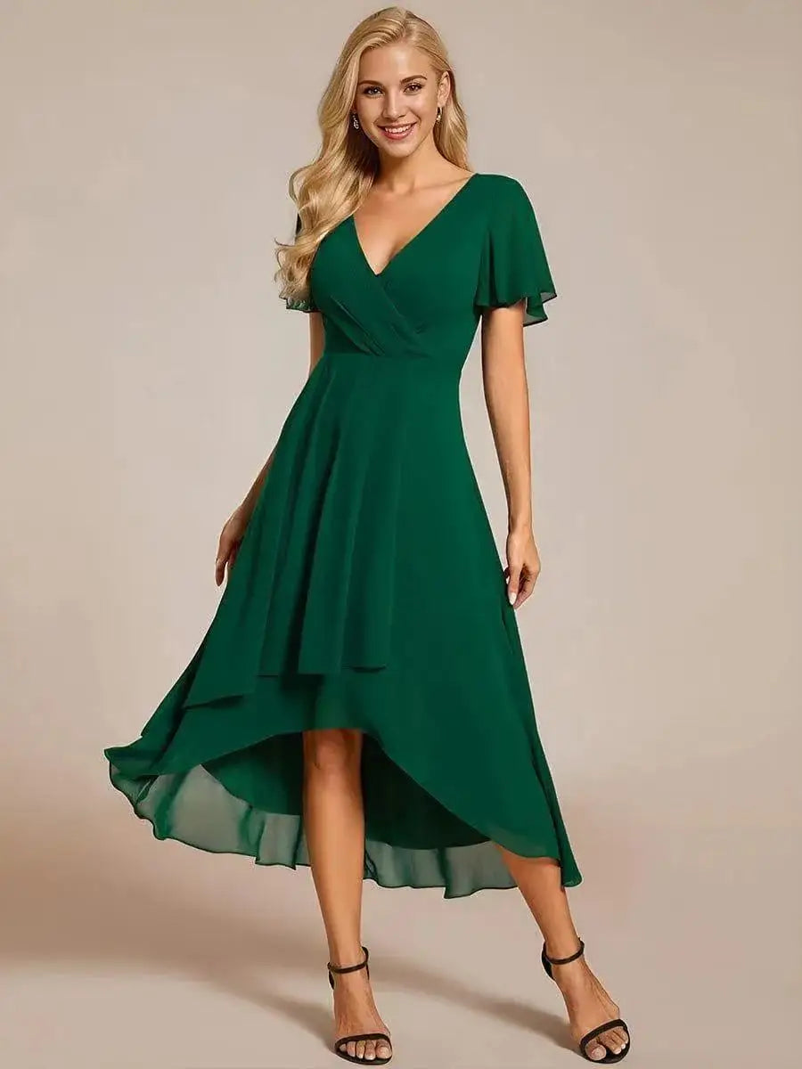 A-Line Dress V-Neck High-Low Hem Flutter Sleeve