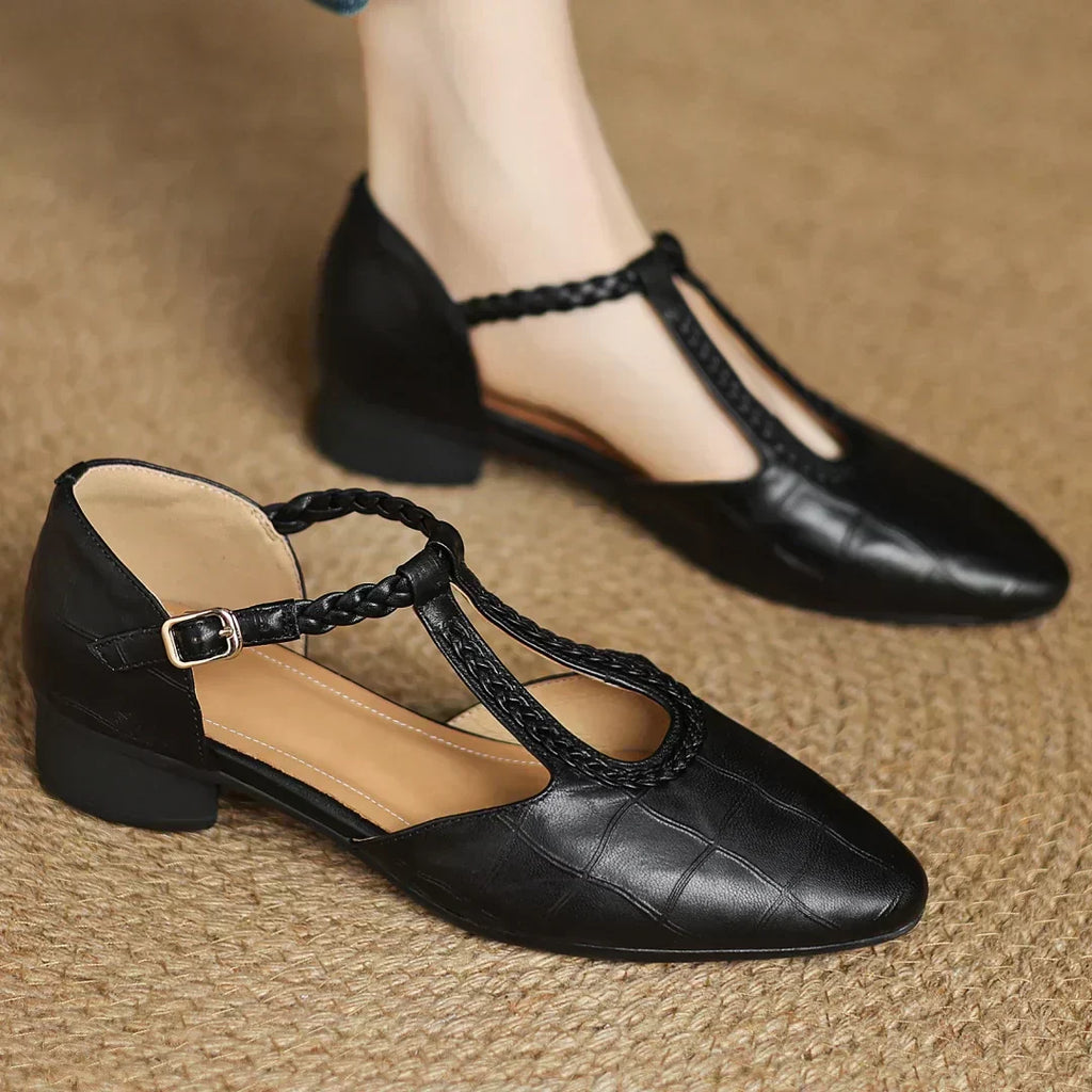 Leather Mary Jane Shoes Braided T-Strap Low Heel