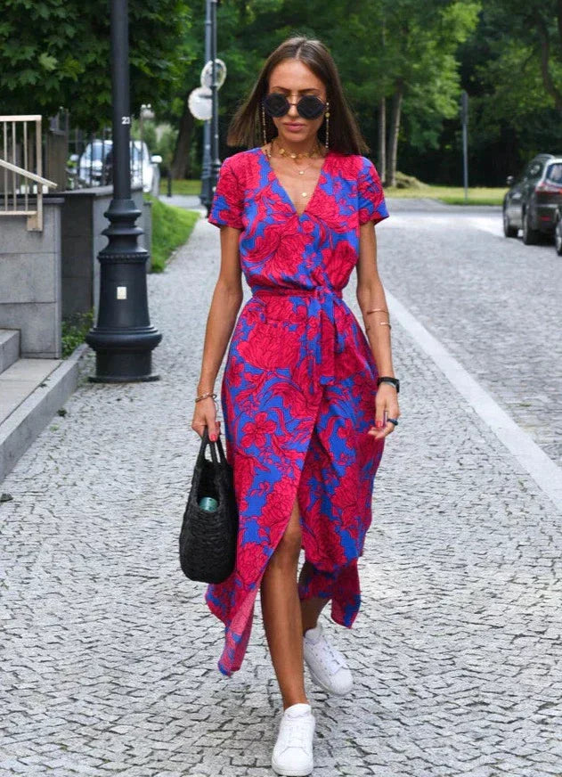 Womens Midi Summer Dress V Neck Short Sleeve Three Color