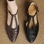 Leather Mary Jane Shoes Braided T-Strap Low Heel