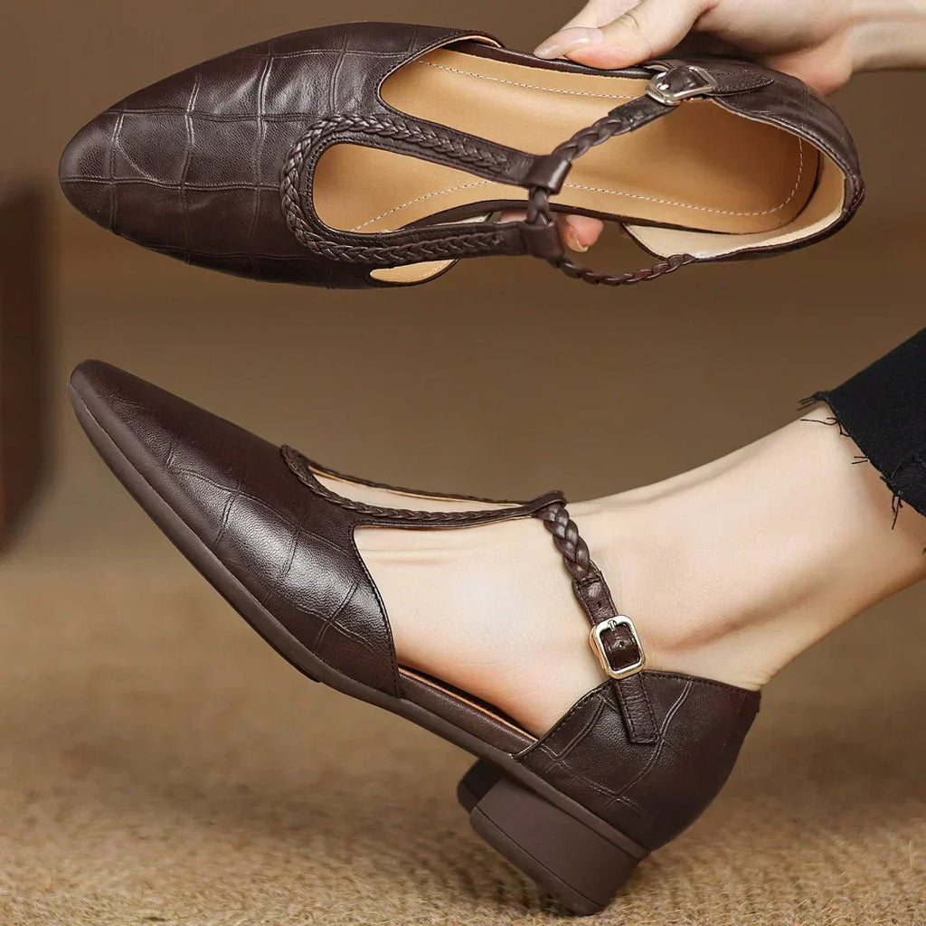 Leather Mary Jane Shoes Braided T-Strap Low Heel