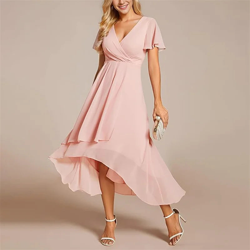 A-Line Dress V-Neck High-Low Hem Flutter Sleeve