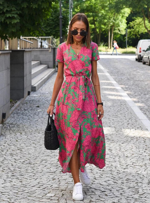 Womens Midi Summer Dress V Neck Short Sleeve Three Color