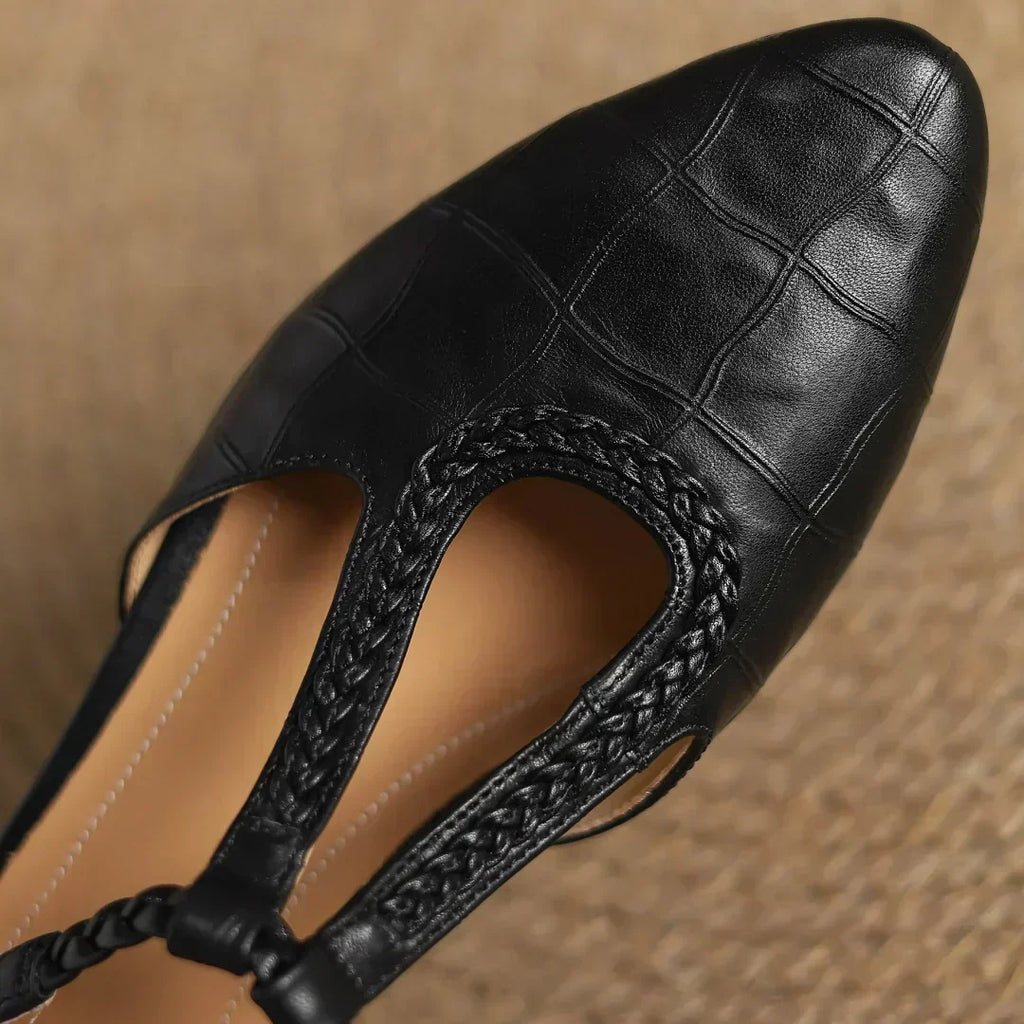 Leather Mary Jane Shoes Braided T-Strap Low Heel