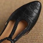 Leather Mary Jane Shoes Braided T-Strap Low Heel