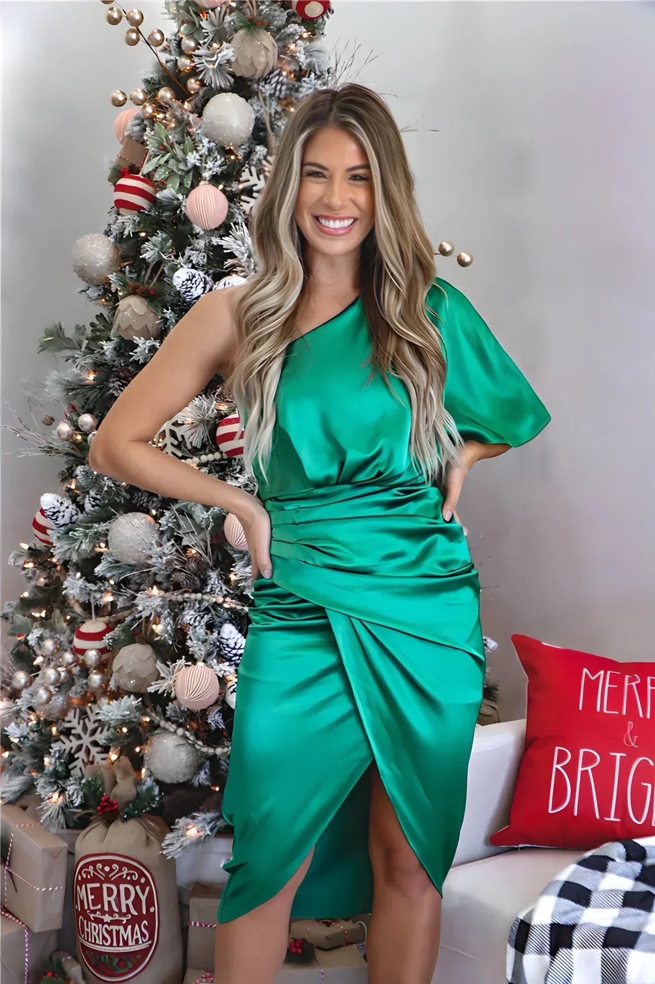 Womens One Shoulder Satin Midi Dress