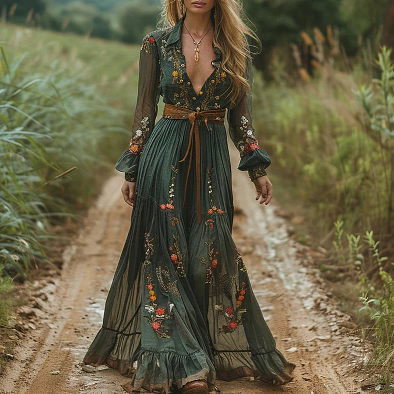 Bohemian Floral Maxi Dress Pleated Button-Front