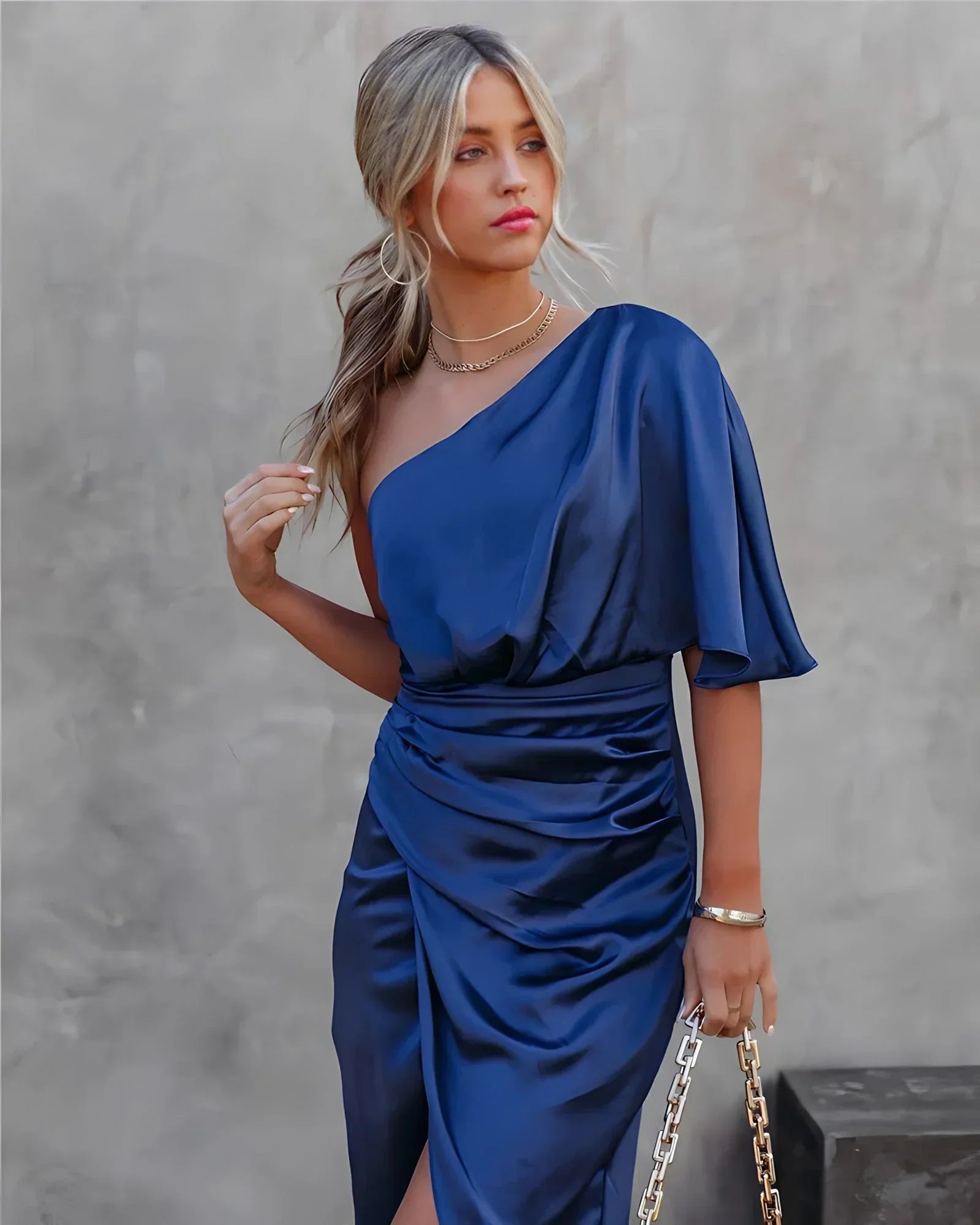 Womens One Shoulder Satin Midi Dress