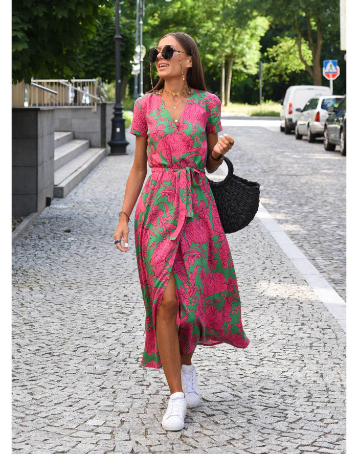 Womens Midi Summer Dress V Neck Short Sleeve Three Color
