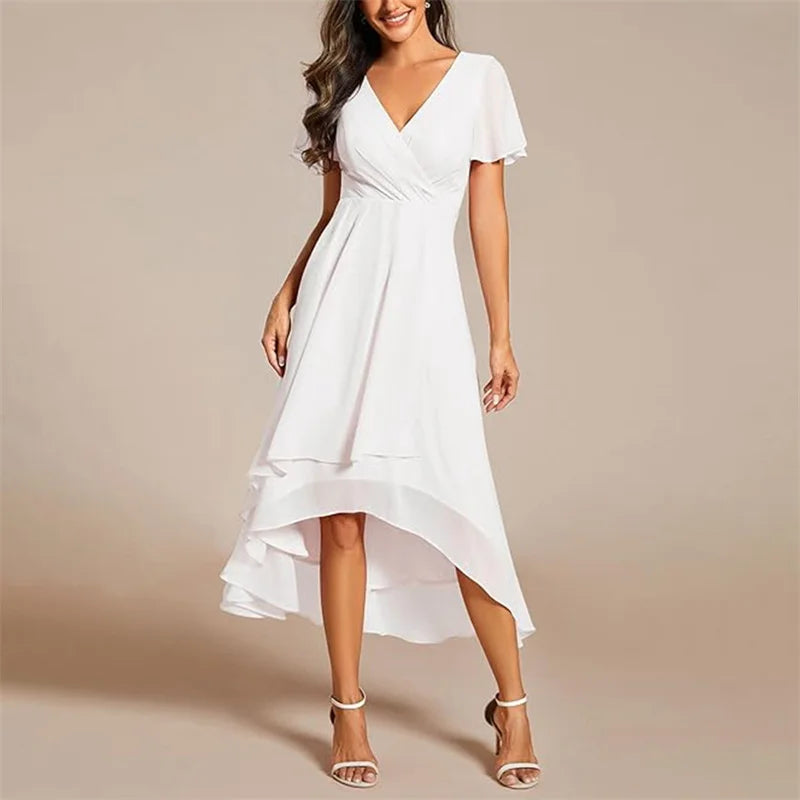 A-Line Dress V-Neck High-Low Hem Flutter Sleeve