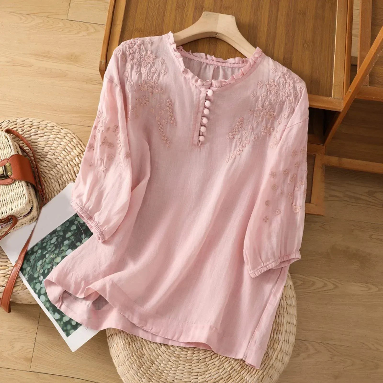 Floral Embroidered Button-Front Blouse