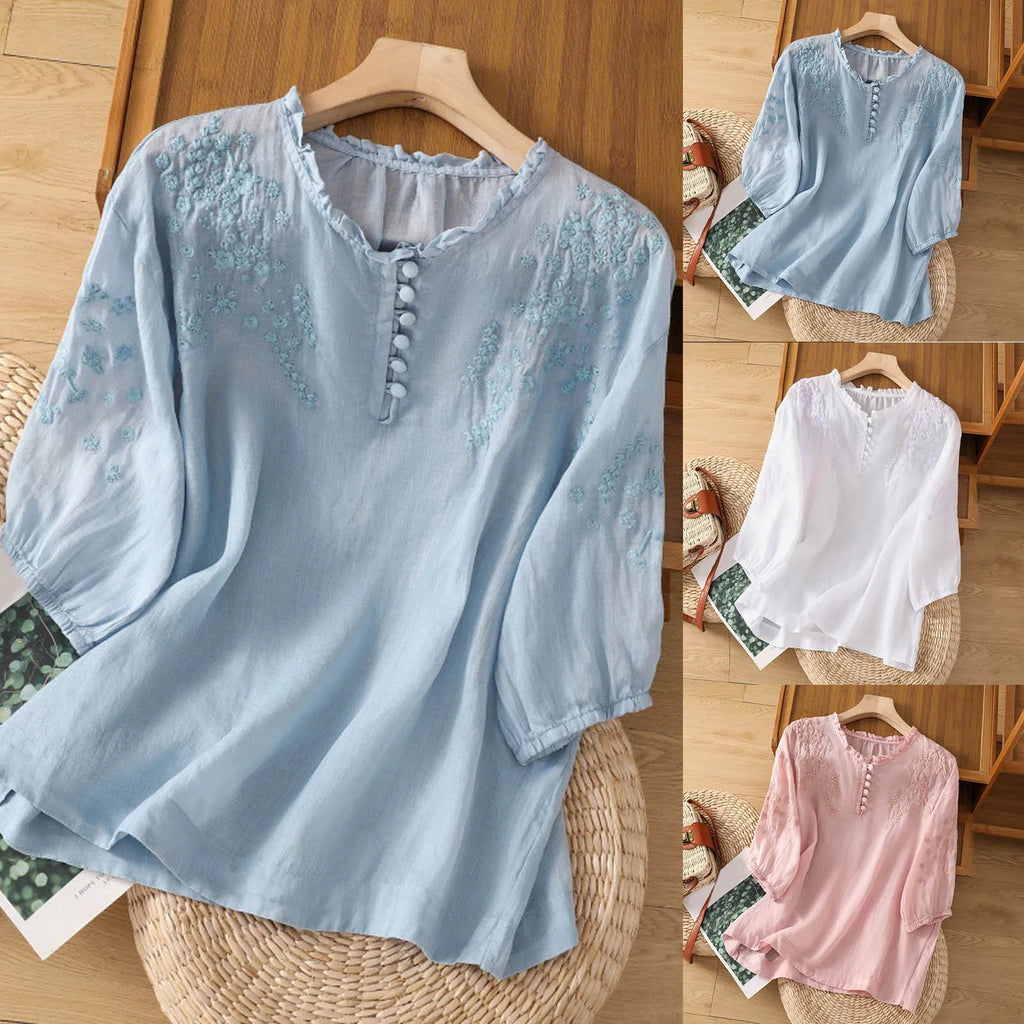 Floral Embroidered Button-Front Blouse