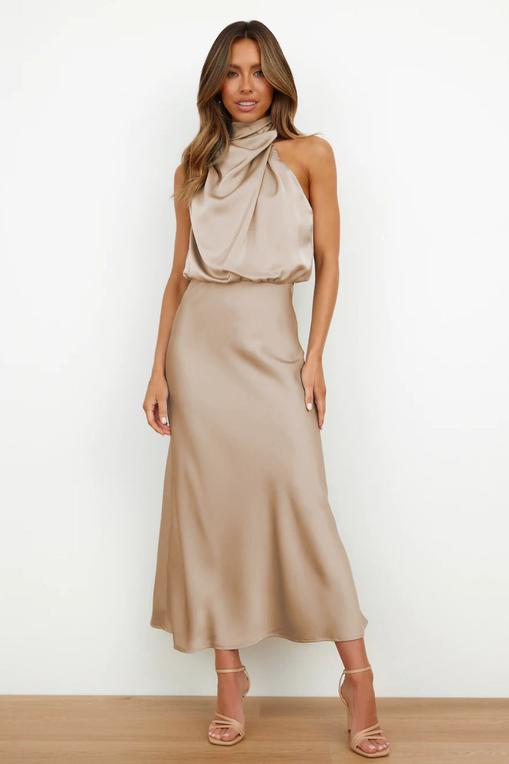 Womens Satin Halter Midi Dress