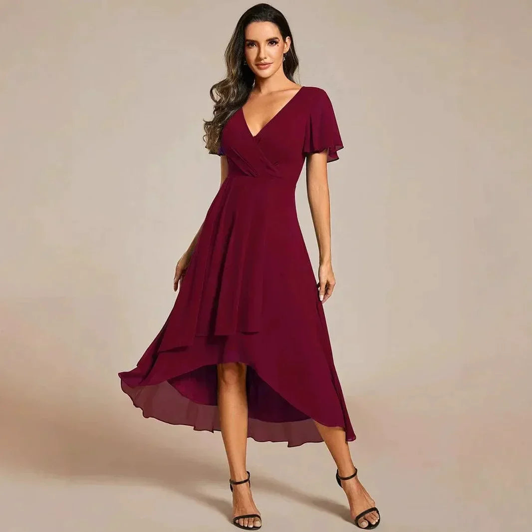 A-Line Dress V-Neck High-Low Hem Flutter Sleeve