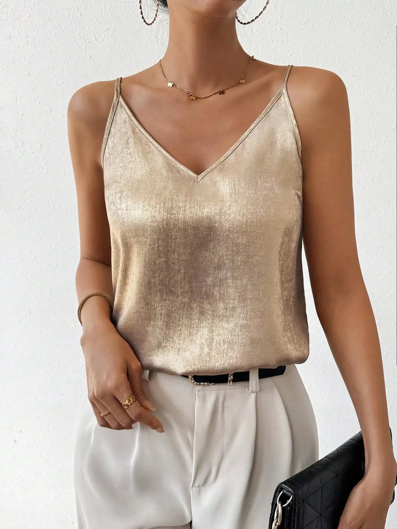 Womens Satin Cami Top V Neck Spaghetti Strap