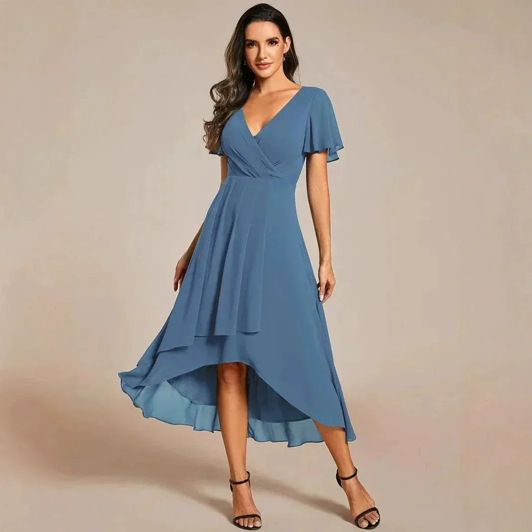A-Line Dress V-Neck High-Low Hem Flutter Sleeve