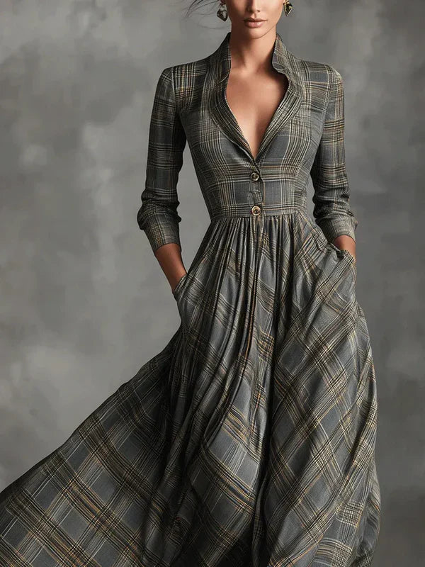 Vintage Plaid Button-Down Dress Full Skirt