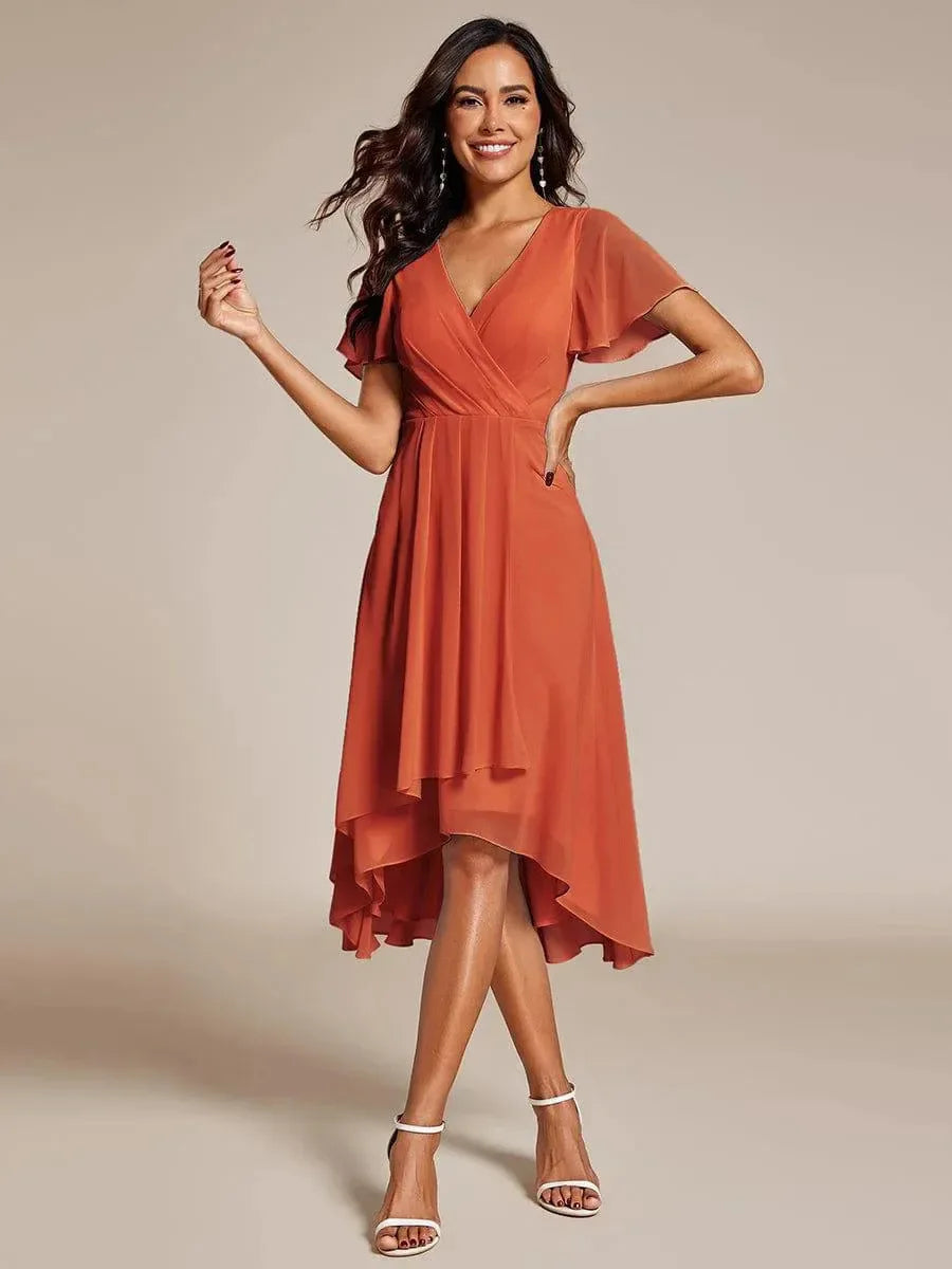 A-Line Dress V-Neck High-Low Hem Flutter Sleeve