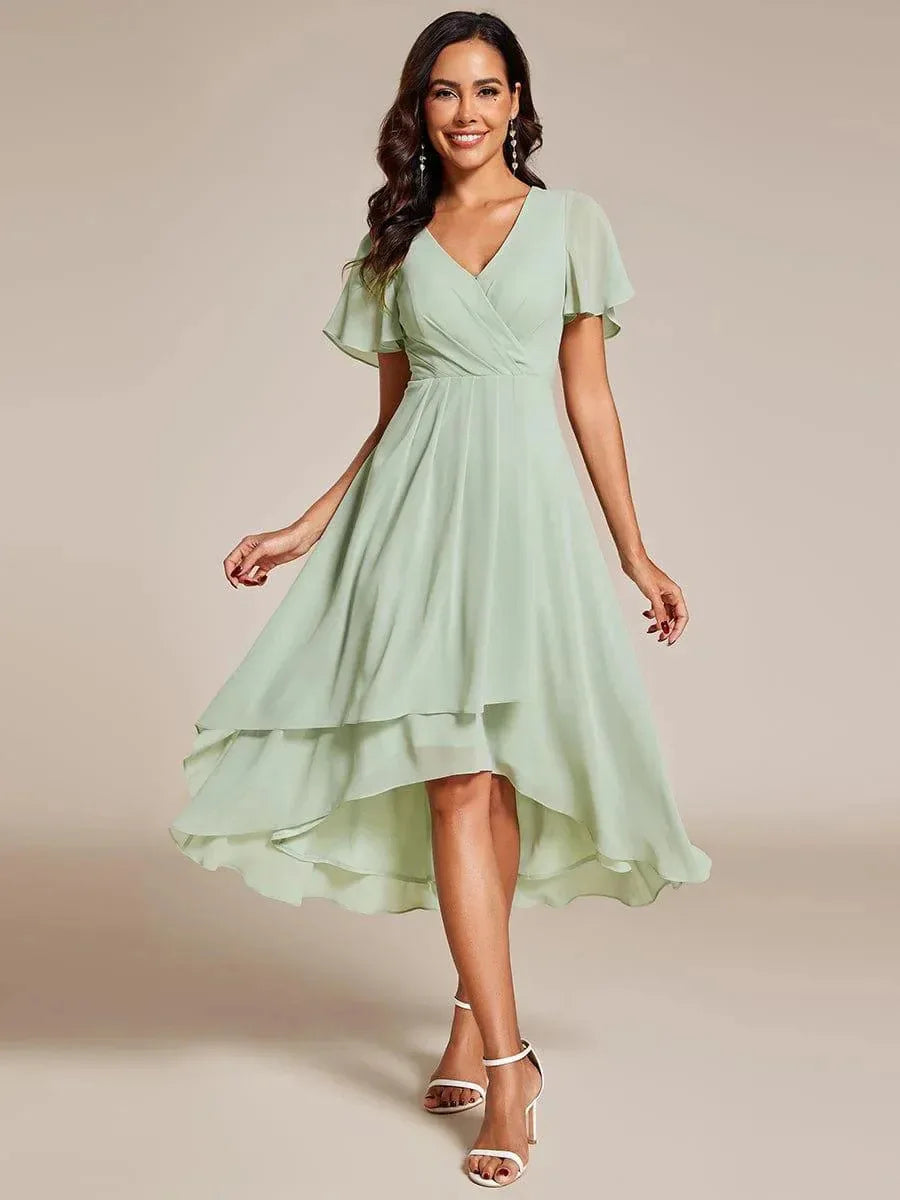 A-Line Dress V-Neck High-Low Hem Flutter Sleeve