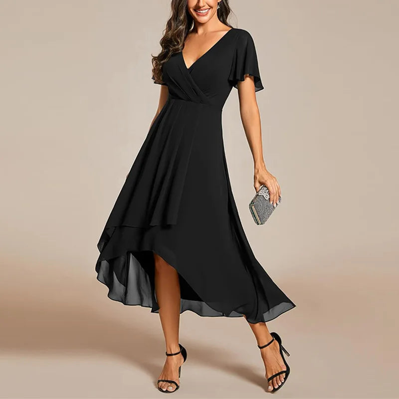 A-Line Dress V-Neck High-Low Hem Flutter Sleeve