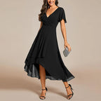 A-Line Dress V-Neck High-Low Hem Flutter Sleeve