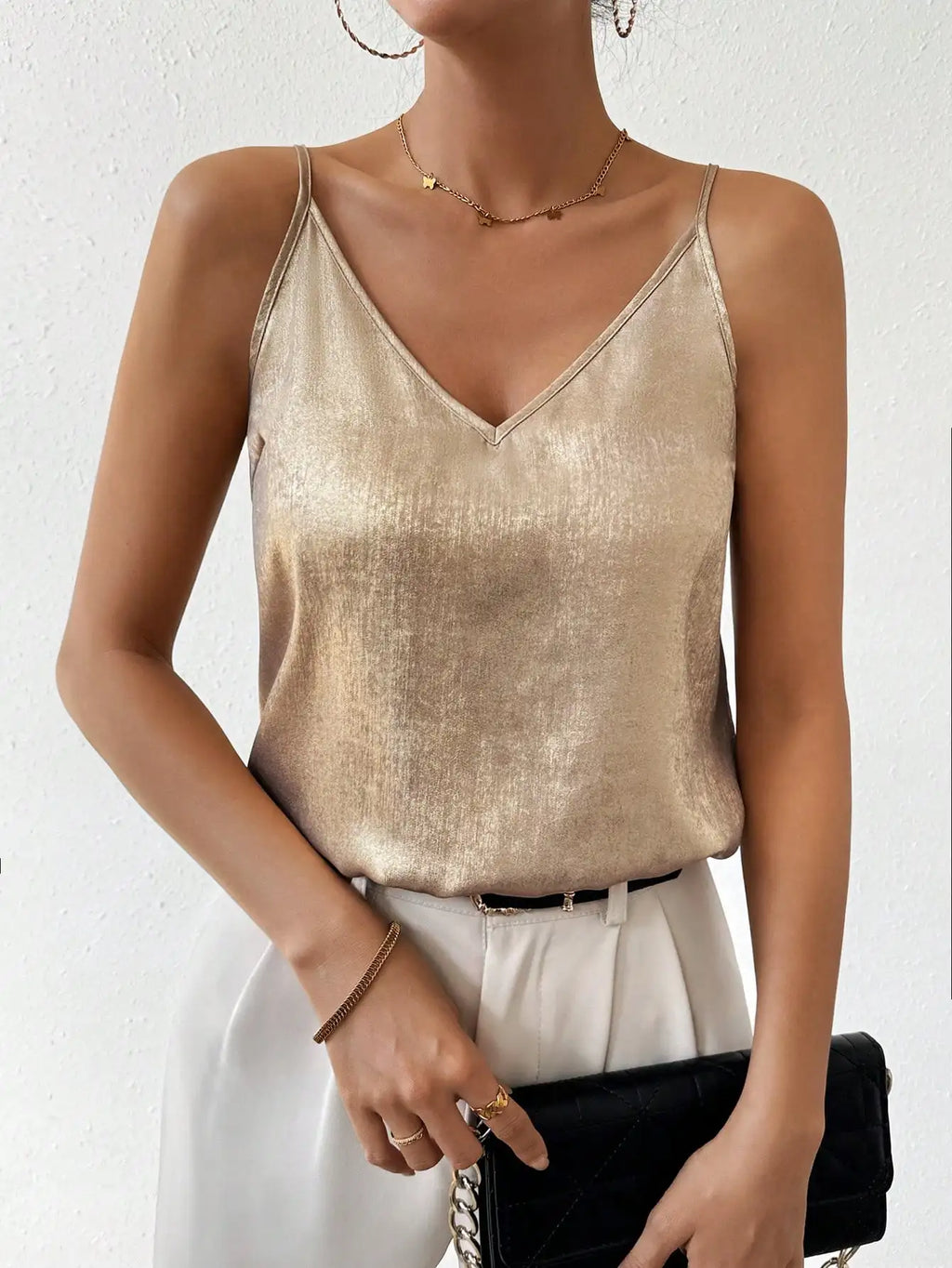 Womens Satin Cami Top V Neck Spaghetti Strap