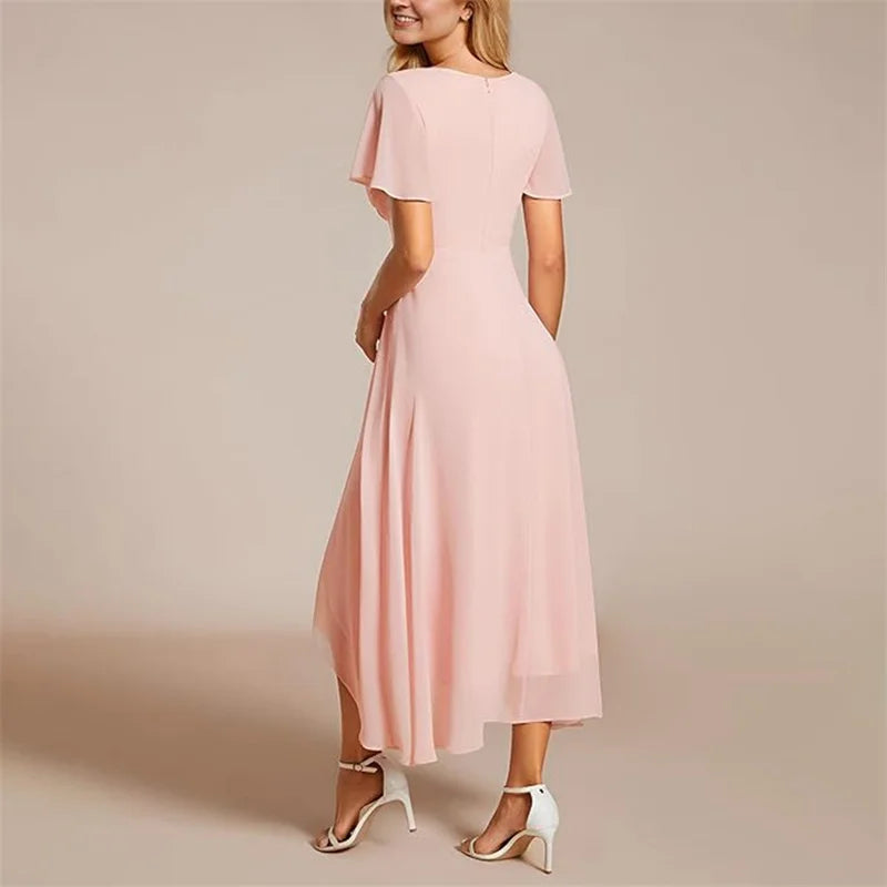 A-Line Dress V-Neck High-Low Hem Flutter Sleeve
