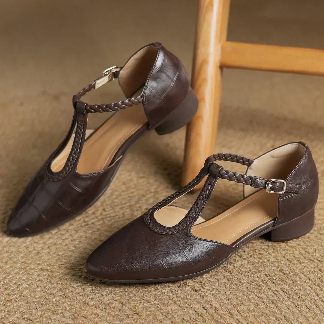 Leather Mary Jane Shoes Braided T-Strap Low Heel