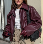 Women's Faux Leather Bomber Jacket Oversized Classic Collar