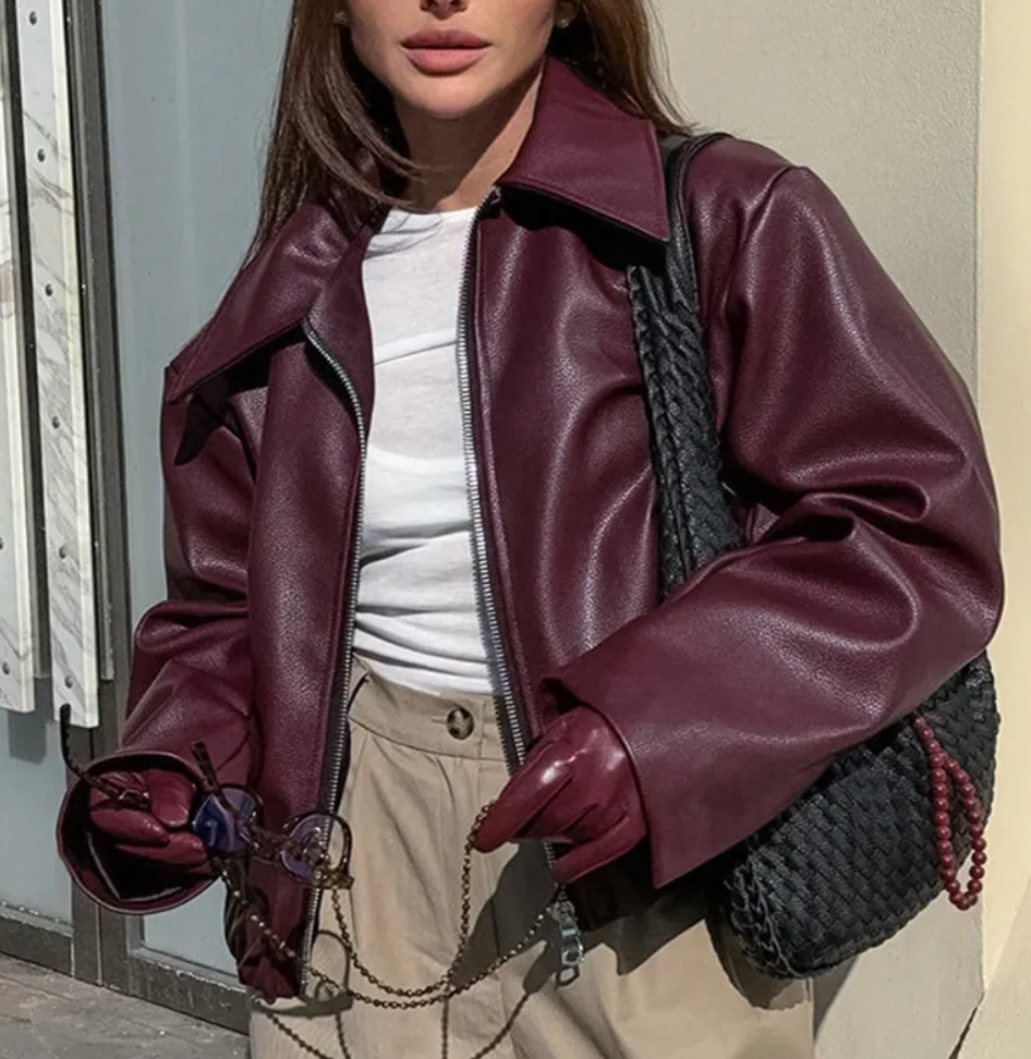 Women's Faux Leather Bomber Jacket Oversized Classic Collar