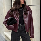 Women's Faux Leather Bomber Jacket Oversized Classic Collar